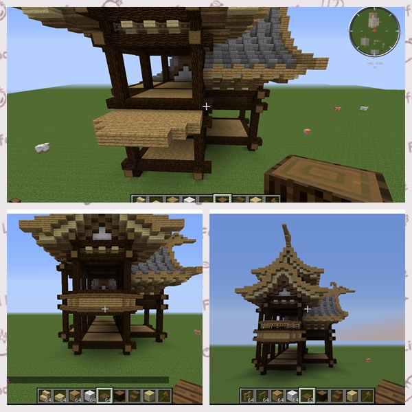 这里为左边，先在第二层框架分层中间（数下格树）加一圈橡木木板，然后随着边缘加木头用云山半砖平滑